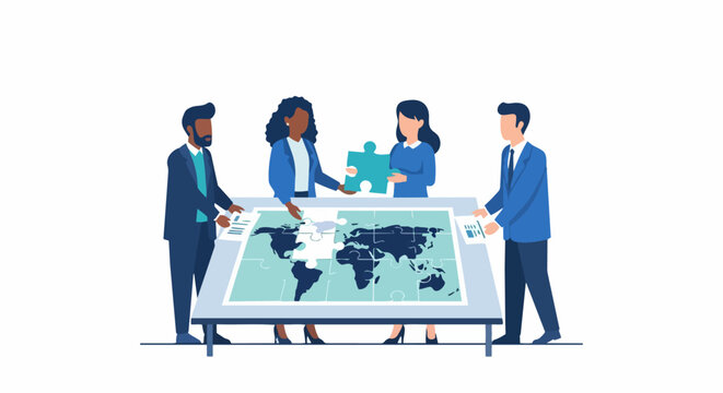 Diverse Business Professionals Collaborating on Global Map Jigsaw Puzzle, Concept for International Strategy, Teamwork, and Global Expansion