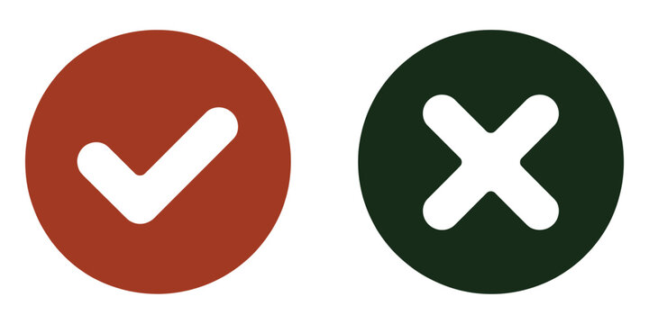Sharp green check, mark and red cross icon set isolated on white background, right and wrong choice symbols