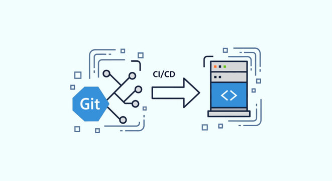 Conceptual illustration showing Git version control integration with automated server deployment.