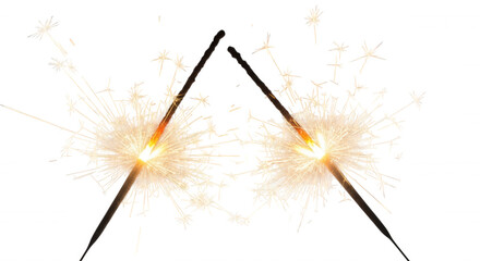 Naklejka premium Two burning sparklers emitting bright white and yellow light sparks against a solid black background, creating a festive celebration effect