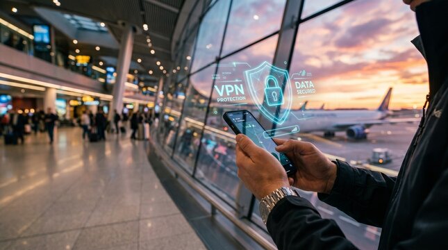 Traveler holding smartphone displaying glowing neon green secure VPN data encryption icon near airport runway window at sunset