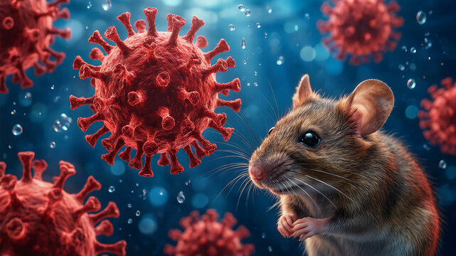 A small brown mouse looks closely at a large, red, spherical virus particle with spike proteins. The deep blue, fluid background features floating water droplets and bokeh lights.