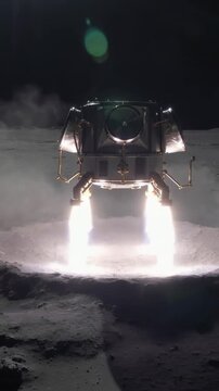 Vertical video: Firing engines, lunar lander descending to land on Moon surface, blasting regolith