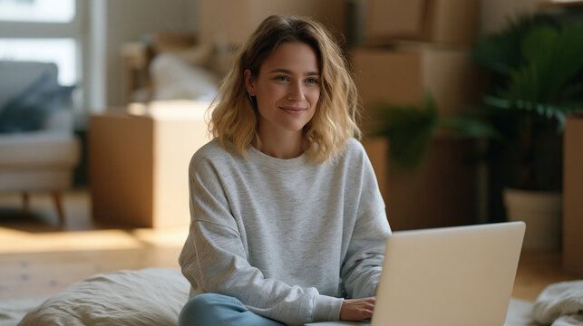 Young woman sitting cross-legged on a studio apartment floor surrounded by unopened moving boxes, video-calling a support group she joined during a long period of social isolation, laptop screen ref