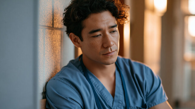 Young male nurse pausing in a stairwell during a hospital shift, back against the wall, eyes downward, having just reported a colleague for workplace misconduct, the courage of that decision still v