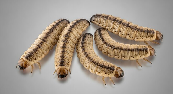 Wireworms close up agricultural pest insects on a neutral background