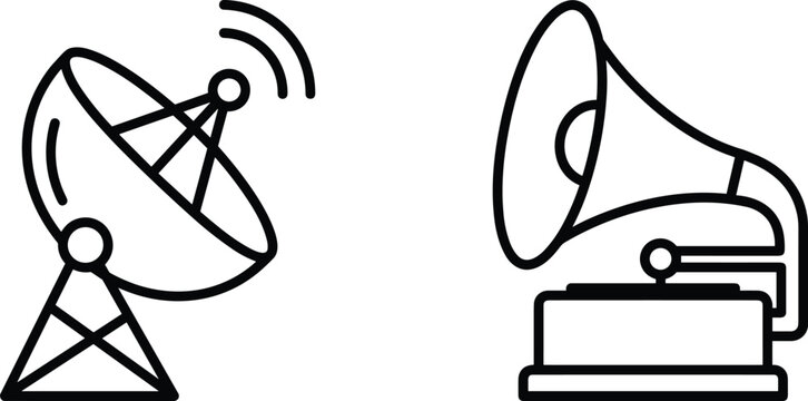 Communication Satellite Dish Antenna with Signal Waves and Vintage Gramophone Audio Player Line Icon Set for Website, App, and Graphic Design