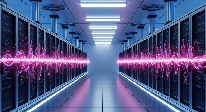Server room with glowing pink data stream visualization between rows of racks in futuristic blue lighting