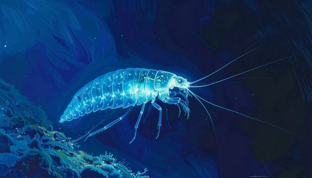 Bioluminescent copepod glowing in deep sea blue water with photophores close-up macro shot