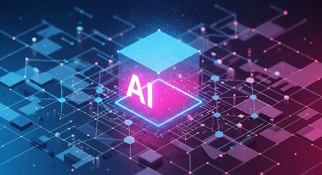 Glowing AI cube with interconnected circuits in neon blue and pink digital network background