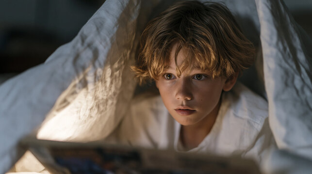 Ten-year-old hiding under bed with flashlight and comic book during summer evening power outage, beam of light illuminating terrified expression as shadows shift across bedroom wall from passing car