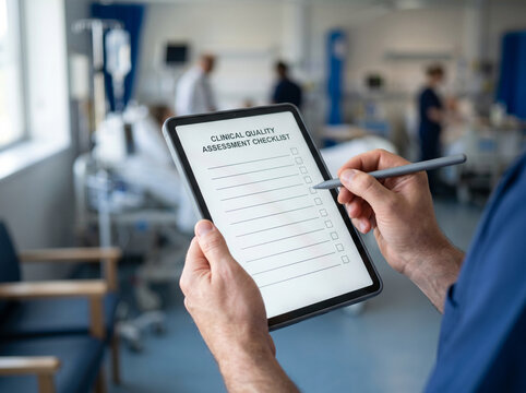 Close up of hands using unbranded tablet for clinical quality assessment