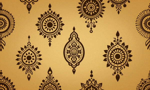 seamless pattern intricate henna mehndi tattoos whimsical style set warm golden background soft diffused
