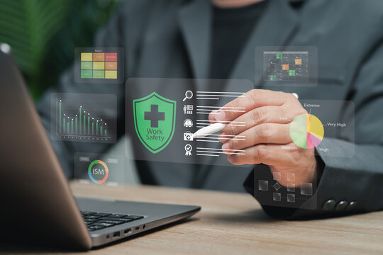 Workplace Safety Management and Zero Accident Concept, Businessman Using Checklist Safety Statistics Risk Reduction KY Training Calendar Workflow Planning and Occupational Safety Monitoring System