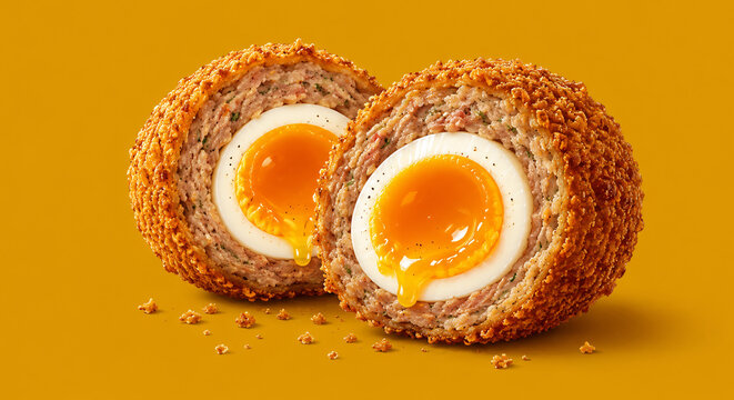 Scotch egg cut in half with runny yolk on yellow background