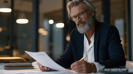 Fototapeta premium International procurement manager reviewing ethical supplier certifications in a glass-walled conference room, stacked folders and compliance checklists on the table, supply chain ethics focus durin