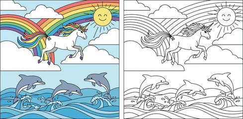 Fototapeta premium Cute Cartoon Unicorn Leaping Over Clouds with Rainbow and Dolphins Jumping in the Ocean