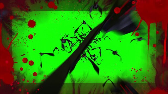 Abstract green and red grunge texture with black splatters on transparent background