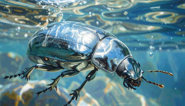 Diving beetle carrying silver air bubble under elytra during underwater dive in freshwater pond