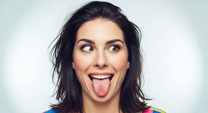 Woman with tongue out and eyes crossed, funny expression.