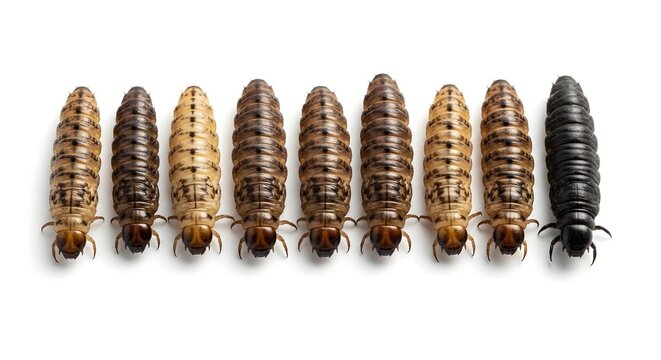 Mealworm life cycle stages from larva to pupa isolated on white