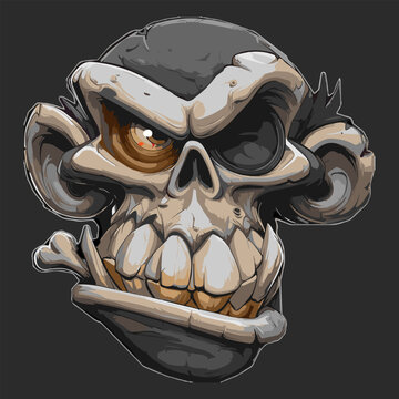 Fierce one eyed monkey skull character with sharp fangs and bone in mouth isolated in dark cartoon style. Aggressive animal mascot vector illustration for gaming, esports, tattoo, sticker and t-shirt 