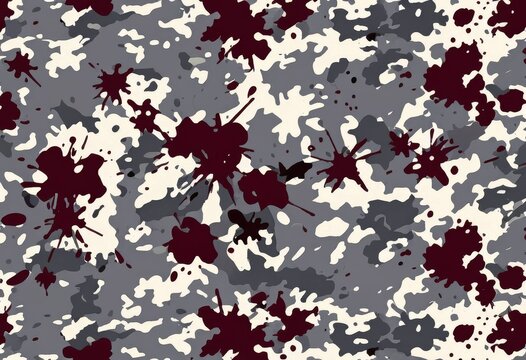 Seamless pattern combining gray camouflage with dark red ink splashes