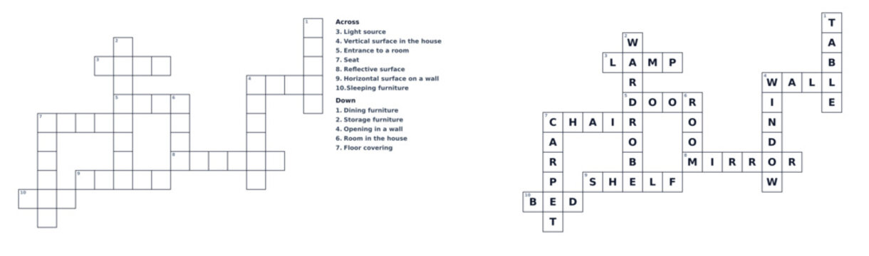 Crossword puzzle template with clues and answers layout  