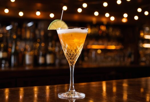 Classic cocktail placed on a bar counter with warm glowing illumination