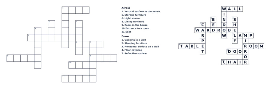Crossword puzzle template with clues and answers layout  
