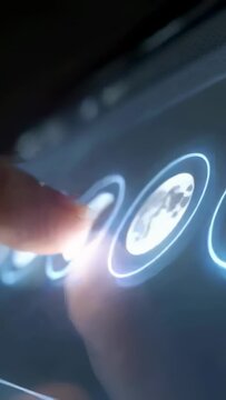 Vertical video: Tapping finger contacting and sliding on dark touchscreen, boosting crescent moon