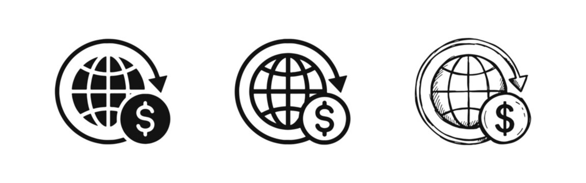 Globe with arrow and dollar coin icon set for international money transfer