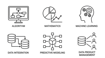 Vector graphic illustration of Black and white line icons of data analysis and machine learning concepts Vector © Rehana