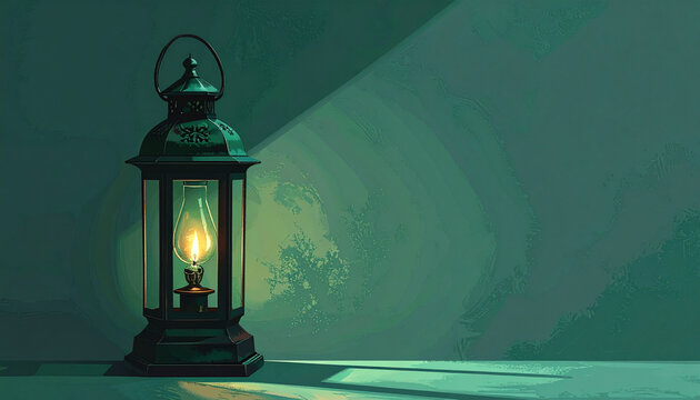 Lantern illuminated against green wall