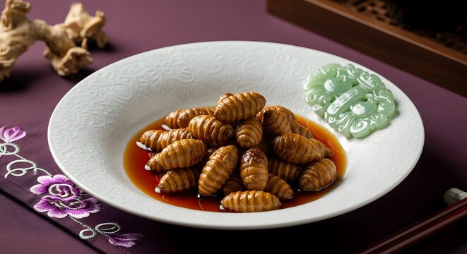 Silkworm pupa dish with ginger and jade decoration