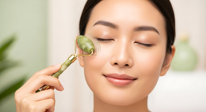 Woman in white robe massaging face with jade roller in serene indoor spa setting.