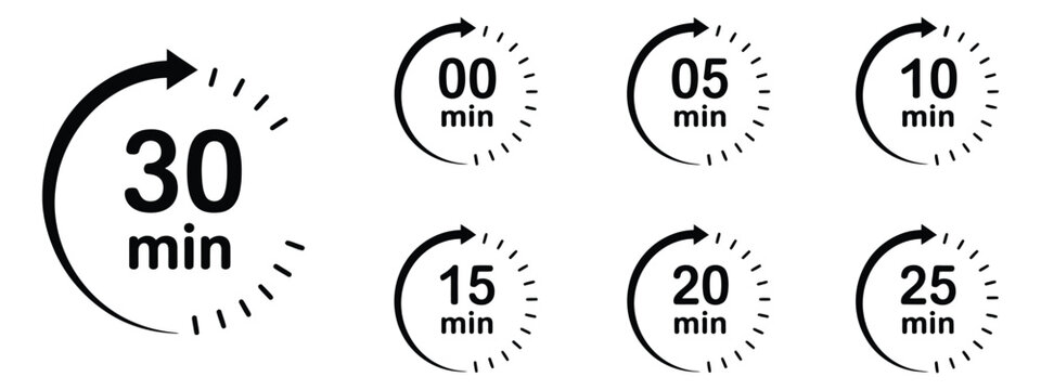 Black countdown timer icon set featuring 0, 5, 10, 15, 20, 25, and 30 minute circular arrow symbols, stopwatch and time tracking vector illustration