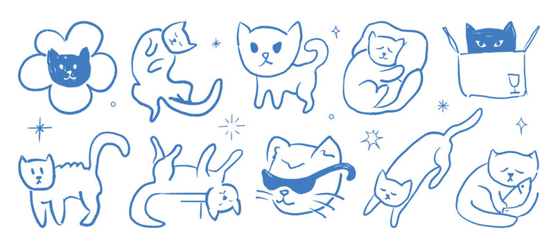 Blue doodle set of cute and quirky cat characters. Whimsical hand-drawn monochrome collection of funny kittens in playful poses for stickers and stationery design.