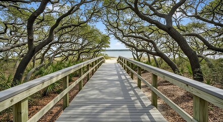 Obraz premium Wooden Boardwalk Leading to the Beach Under Trees.