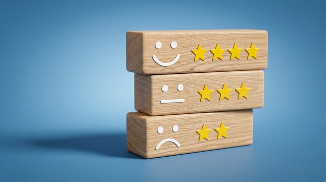 Customer feedback rating on wooden blocks, satisfaction survey icons with stars and faces, business service evaluation concept on blue background