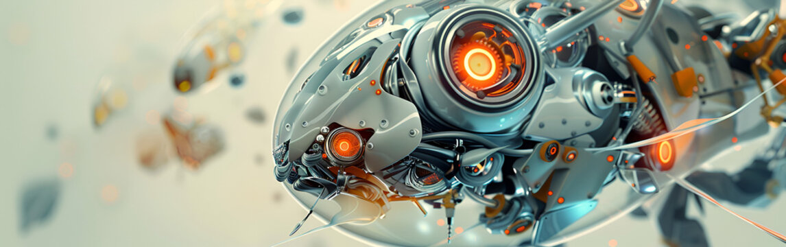 Futuristic mechanical fish with glowing orange eyes, composed of metallic parts and intricate details