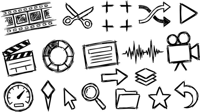 Video editing and film production scribble icon set
