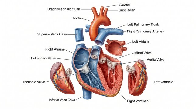 aorta superior vena cava right atrium pulmonary valve tricuspid valve inferior vena cava brachiocephalic trunk carotid subclavian left pulmonary trunk right pulmonary arteries