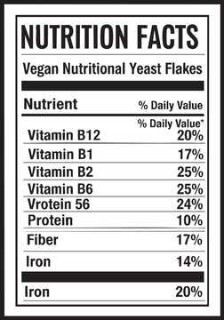 Nutritional Facts Label Vegan Yeast Flakes Vitamins Minerals Content Detailed Information nutrition facts easy editable label vector template