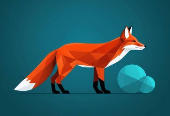Fototapeta premium Low poly style illustration of a red fox walking on a dark green background