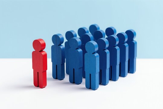 Red figure stands apart from blue figures. Symbolizes individuality difference and unique perspective within a group. Represents out of box thinking and standing alone.