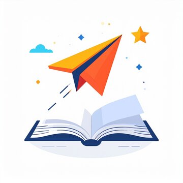 Open book with origami rocket and paper airplanes flying above in flat design illustration