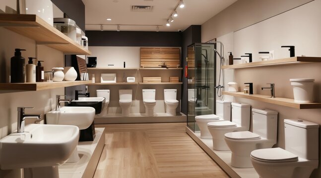 Elegant bathroom store displays modern sinks toilets showers faucets, fixtures on shelves. Showroom features clean design elements for home renovation ideas. Retail space offers quality bath products
