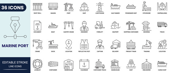 Plakat Marine port icon set in outline style. Collection of marine port, harbor, cargo, shipping, container, and logistics icons. Editable stroke. Vector icon collection.