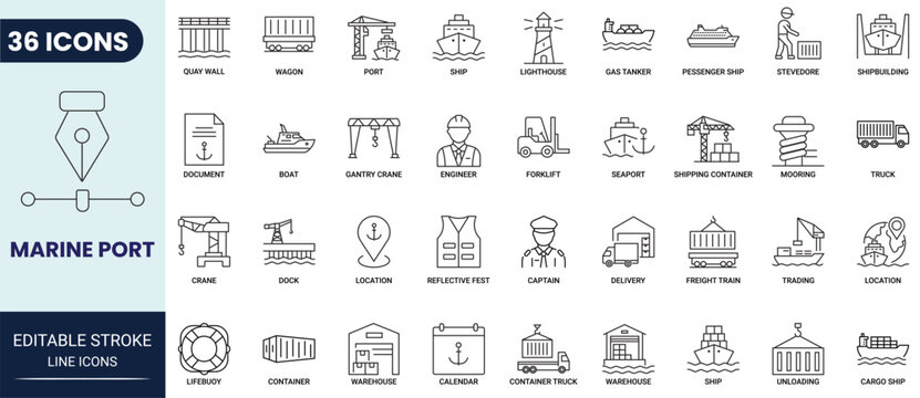 Marine port icon set in outline style. Collection of marine port, harbor, cargo, shipping, container, and logistics icons. Editable stroke. Vector icon collection.